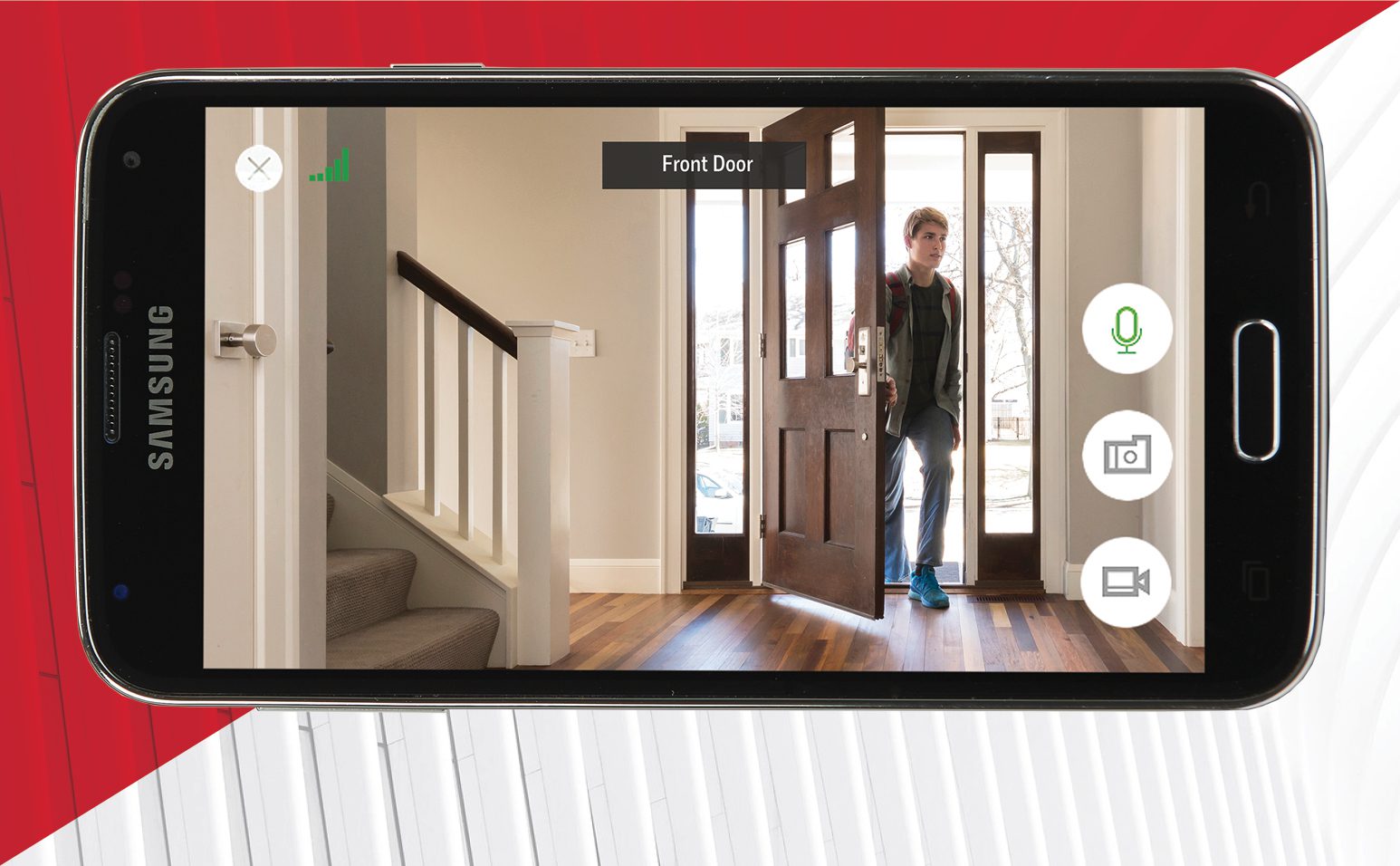 samsung phone displaying teenage boy entering door using total connect camera app
