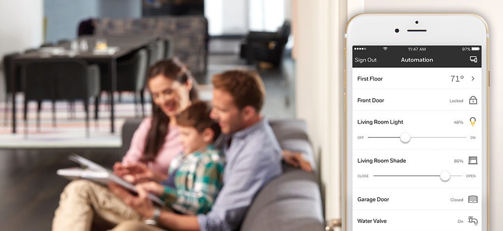 total connect app and family sitting on a couch