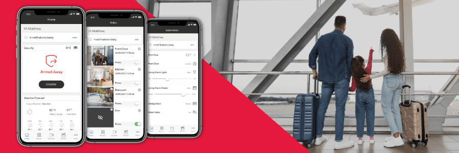 Banner image with three different phone screens on the total connect app, one being the home screen showing armed away, the second being different camera views around the home, and the last showing different smart devices. Underneath is a family watching planes at the airport.