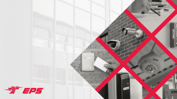 Image banner in black and white, building in the background, collage of EPS Security's disciplines, including a voice evacuation strobe a card access reader, a fire pull, surveillance cameras, and a hand writing on a blueprint. Includes the EPS Security logo on the bottom left corner and red lines dividing the collage.