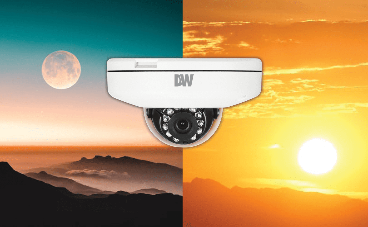 Digital Watchdog dome camera positioned over a half day, half night sky. 