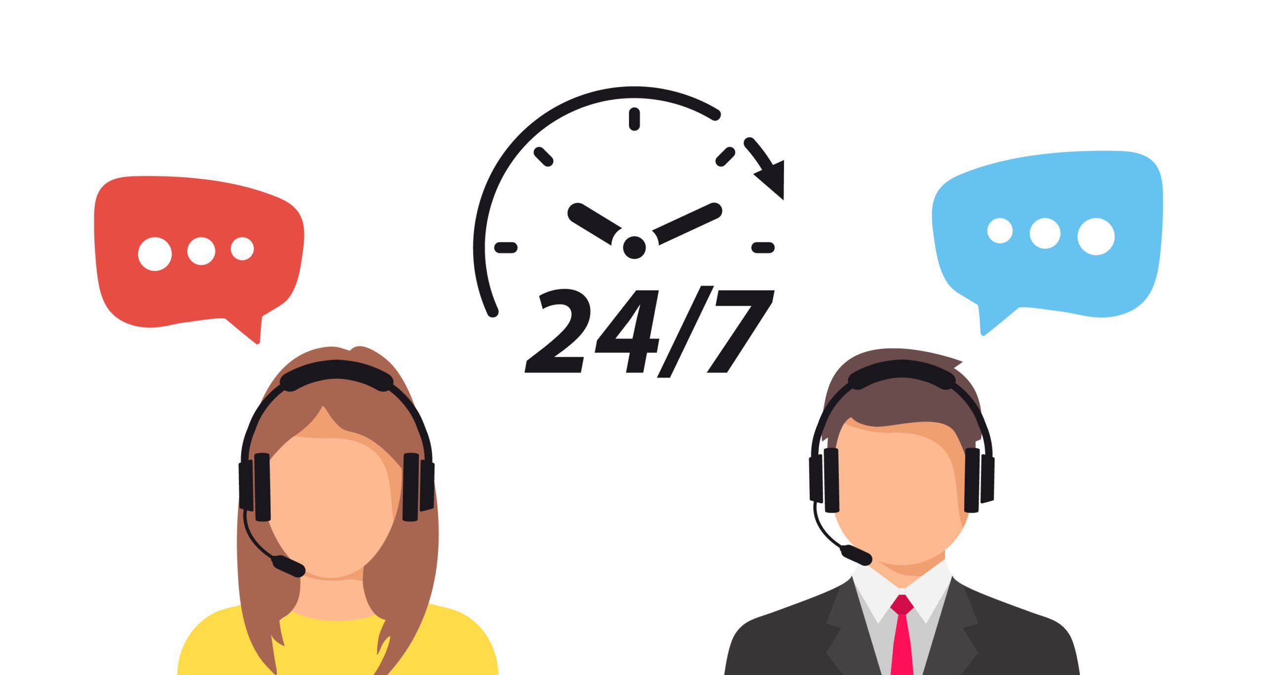 illustration of two phone operators with a 24/7 clock between them