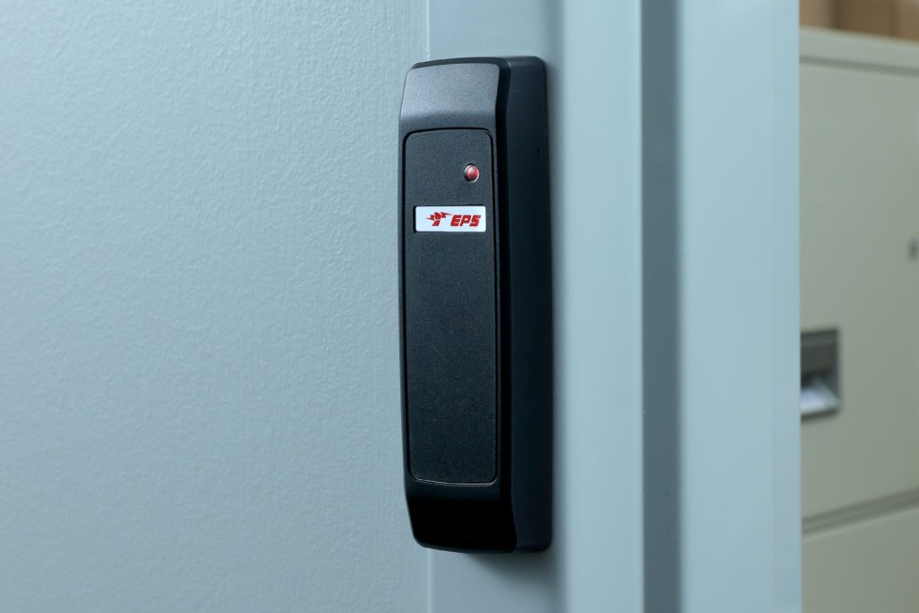 EPS Security card access swipe mounted on door entrance. 