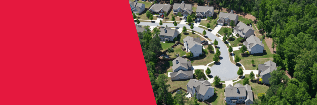 A banner half red and half an image of the end of a cul-de-sac from a birds eye view.