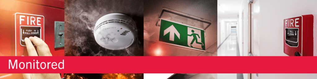 Monitored Fire alarm systems, showing fire alarms, fire exits signs, and a fire pull in a building.