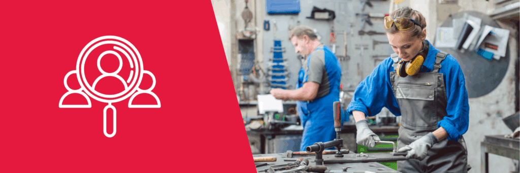 Banner image with a magnification over a person icon on top of EPS Security red on the left, and an image of two employees working in a metal working shop, one young female, and one older middle aged male.