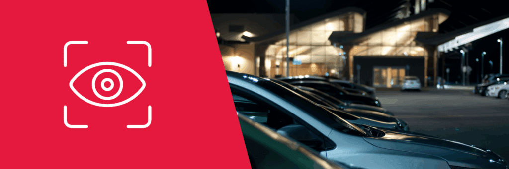Banner image with an eyeball icon on top of EPS Security red on the left, and an image of a parking lot full of cars in front of a modern looking building and a lit-up parking lot on the right.