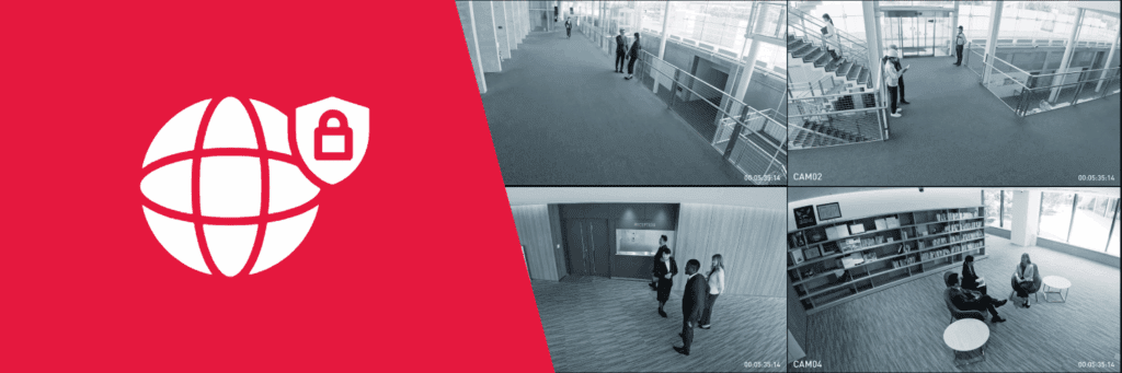 Banner image with an internet and lock icon on top of EPS Security red on the left, and an image of different high traffic surveillance areas, like gathering areas and entryways.