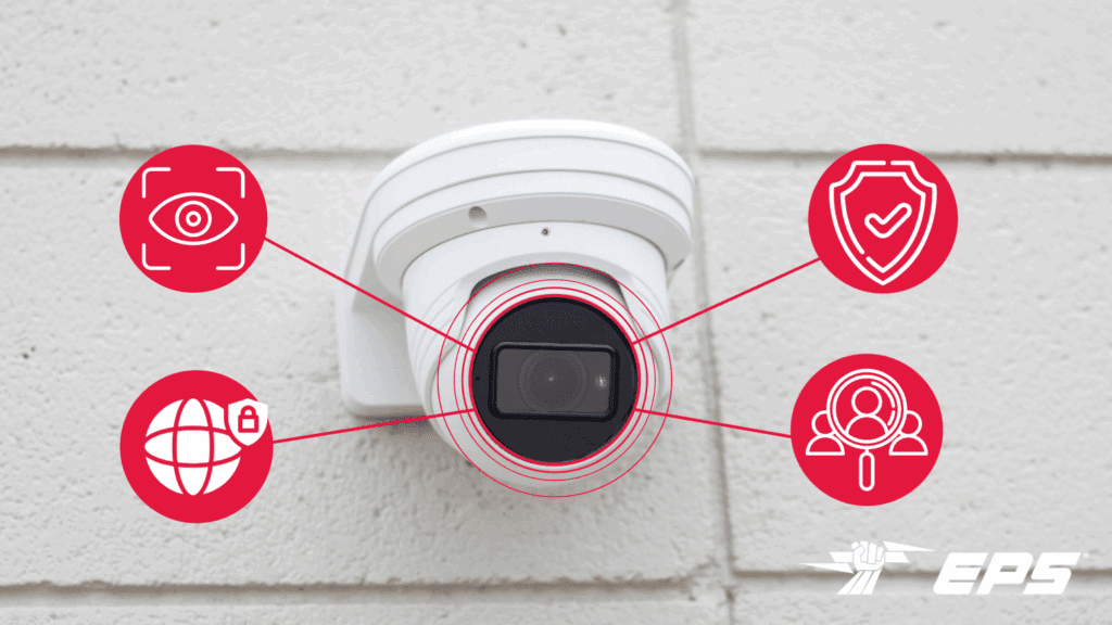 A close-up of a high-definition 4k outdoor security camera mounted on a grey brick wall.