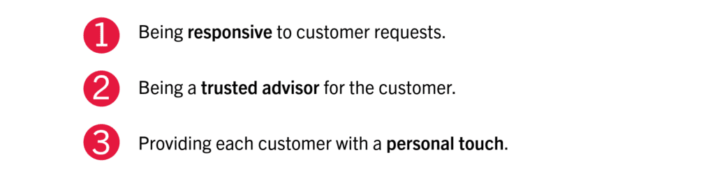 EPS Security technician standards, listed with red numbered bullet points: Being responsive to customer requests, Being a trusted advisor for the customer, Providing each customer with a personal touch.