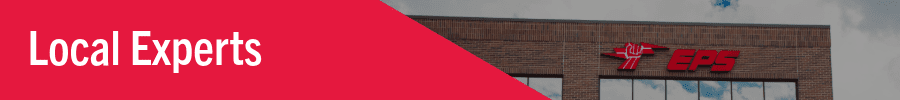 Banner, the left side is red with text reading local experts, and the right side is an image of the EPS Security building and the EPS logo on the brick building.
