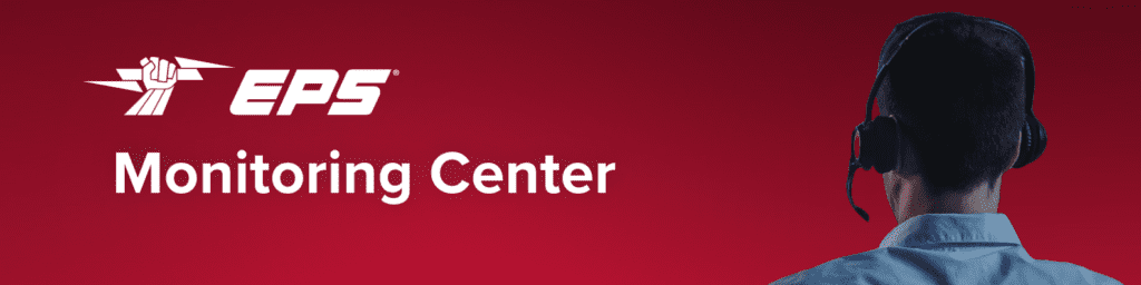 Banner with the EPS Security logo, a red gradient background and a monitoring center operator.