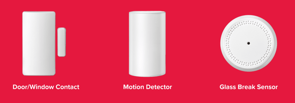 Security Sensors banner, featuring the Door/Window contact, the motion detector, and the glass break sensor.
