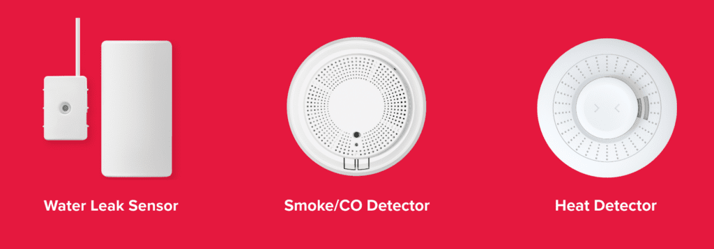 Life safety sensors, featuring the water leak detector, the combination CO and smoke detector and the heat sensor.