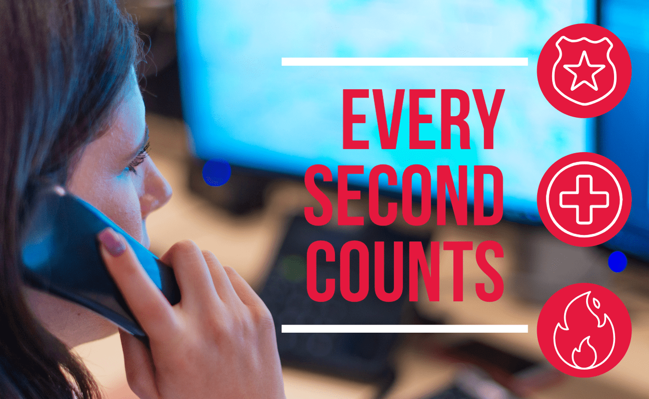 Monitoring center woman / operator talking on the phone in front of computer screens, with the words every second counts on the left of the image and police, red cross, and fire icons on the right.