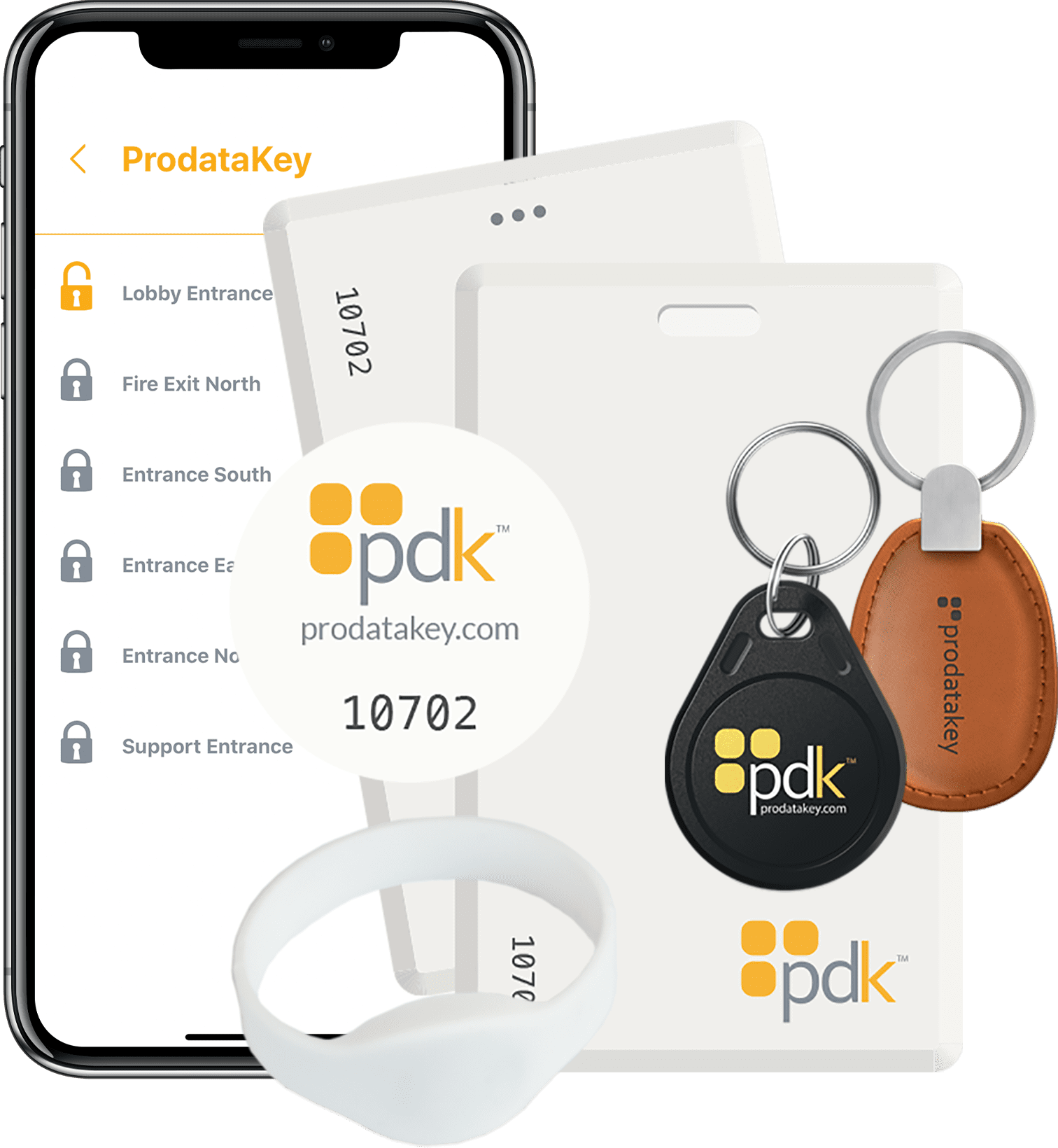 Image of ProdataKey credentials, including keycards, key fobs, and the mobile app for access control solutions.