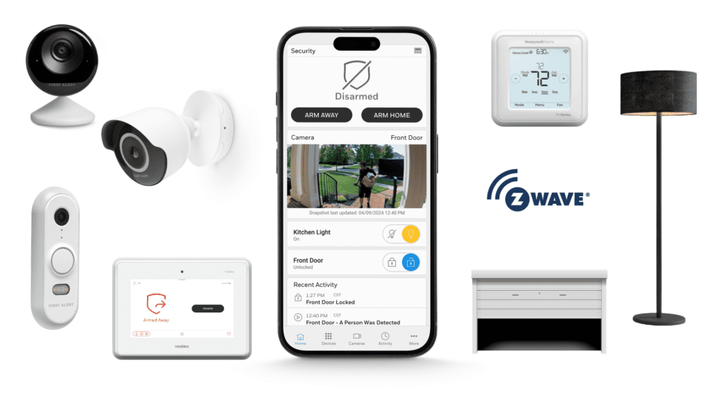 EPS Security Total Connect shown on a phone, the phone is surrounded by all Total Connect products that can be used in conjunction.