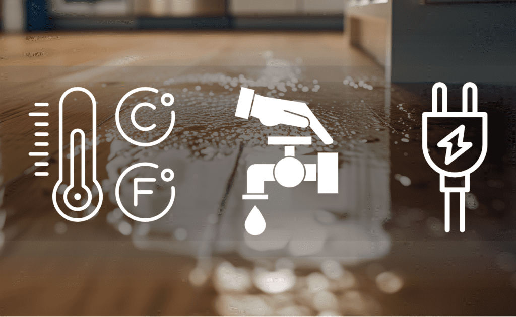Background is water flooding a wood floor of a kitchen. On top of that are icons for temperature, water leak, and power.