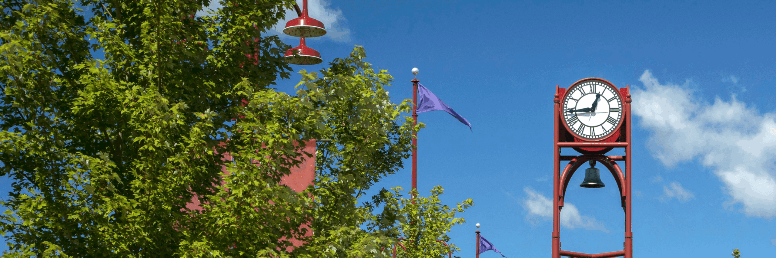 Petoskey clock tower during the summer time, surrounded by green leafy trees.
