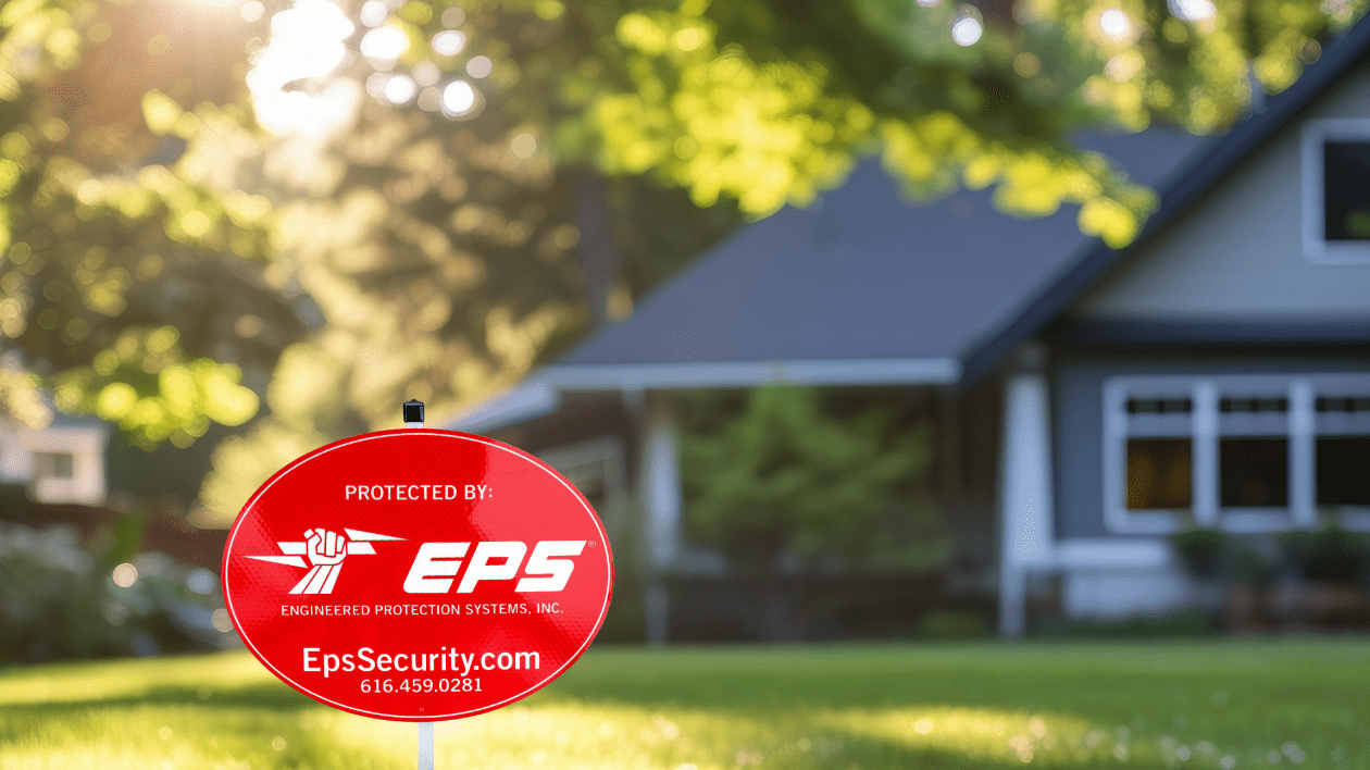 EPS Security sign out front of a lush green yard with deciduous green trees and the sun peeking over a grey home in the background.