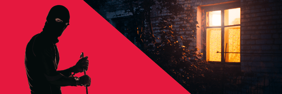 An image of a home window in the night with a light on. On the left a red diagonal background and a burglar in a face mask and crow bar.