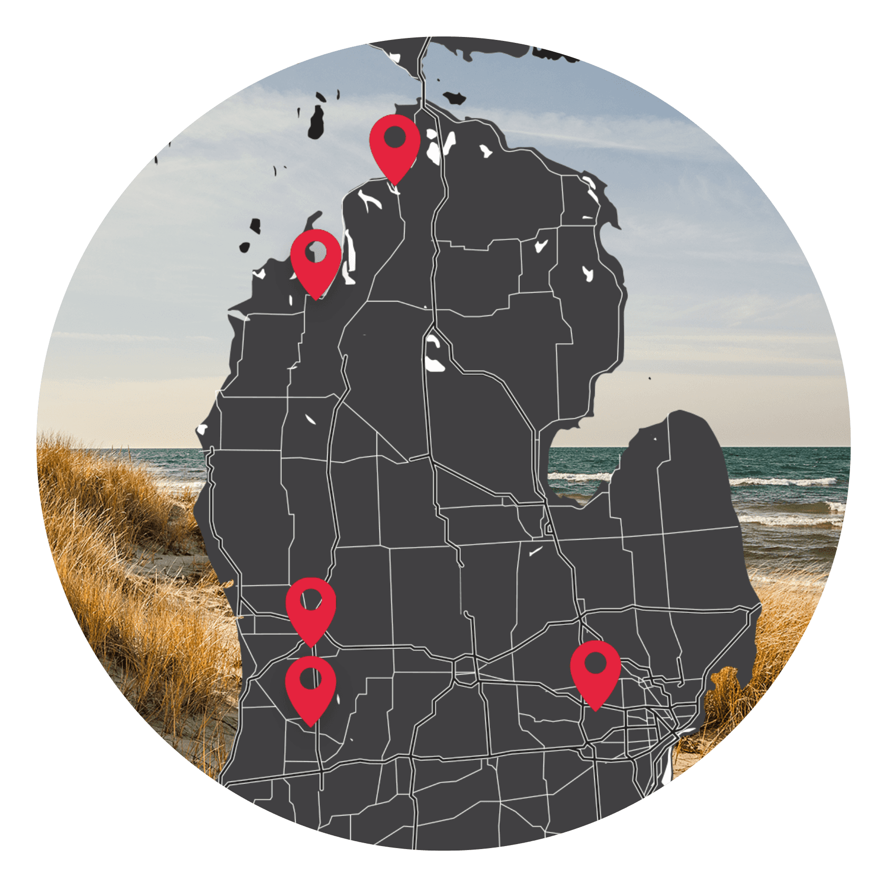 Map of Michigan on top of a image of a Michigan beach in the background, showing pins of EPS Security's locations in Grand Rapids, Kalamazoo, Metro Detroit, Traverse City, and Petoskey.